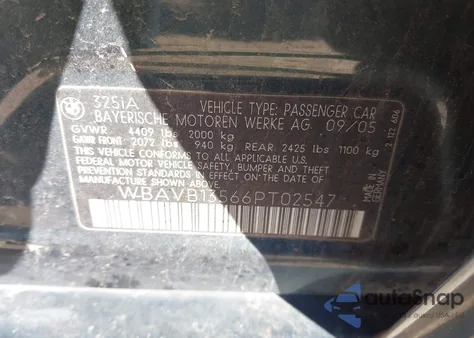 2006 BMW 325I z USA, uszkodzony, nr VIN WBAVB13566PT02547